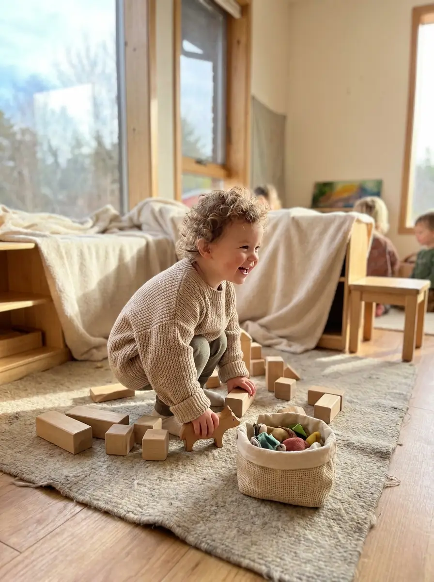 Symbolbild eines Kleinkinds beim Spielen mit Holzbausteinen in einer hellen Spielecke